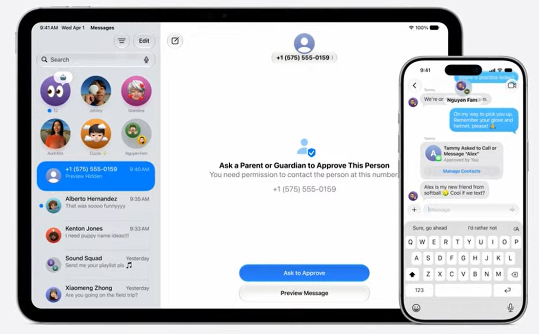 Unknown people are blocked from calling or messaging children until authorized by parents.