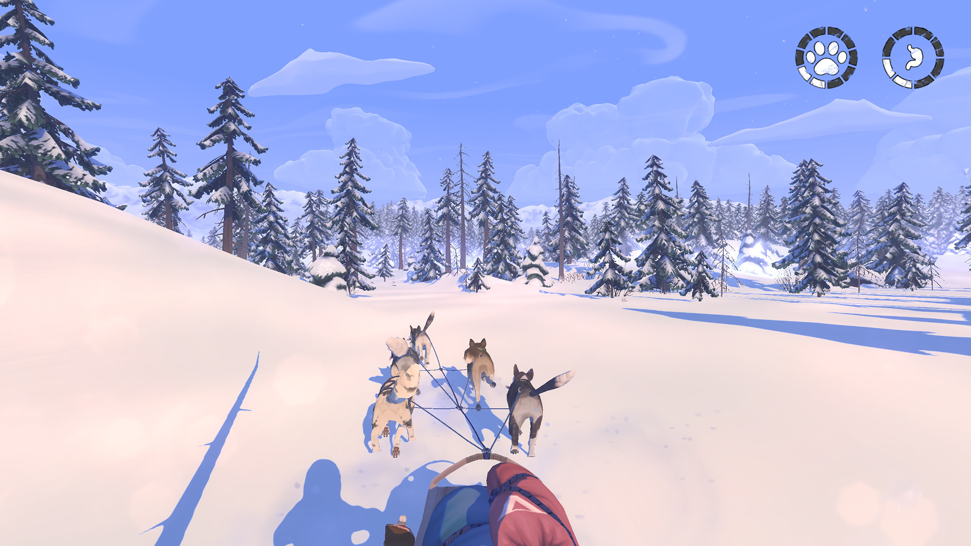 A gameplay screenshot showing the sled dog team in the Alaskan wilderness