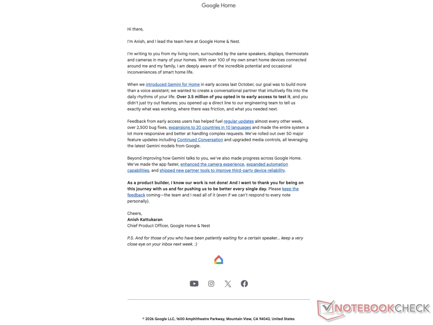 Google Home email from the Chief Product Officer.