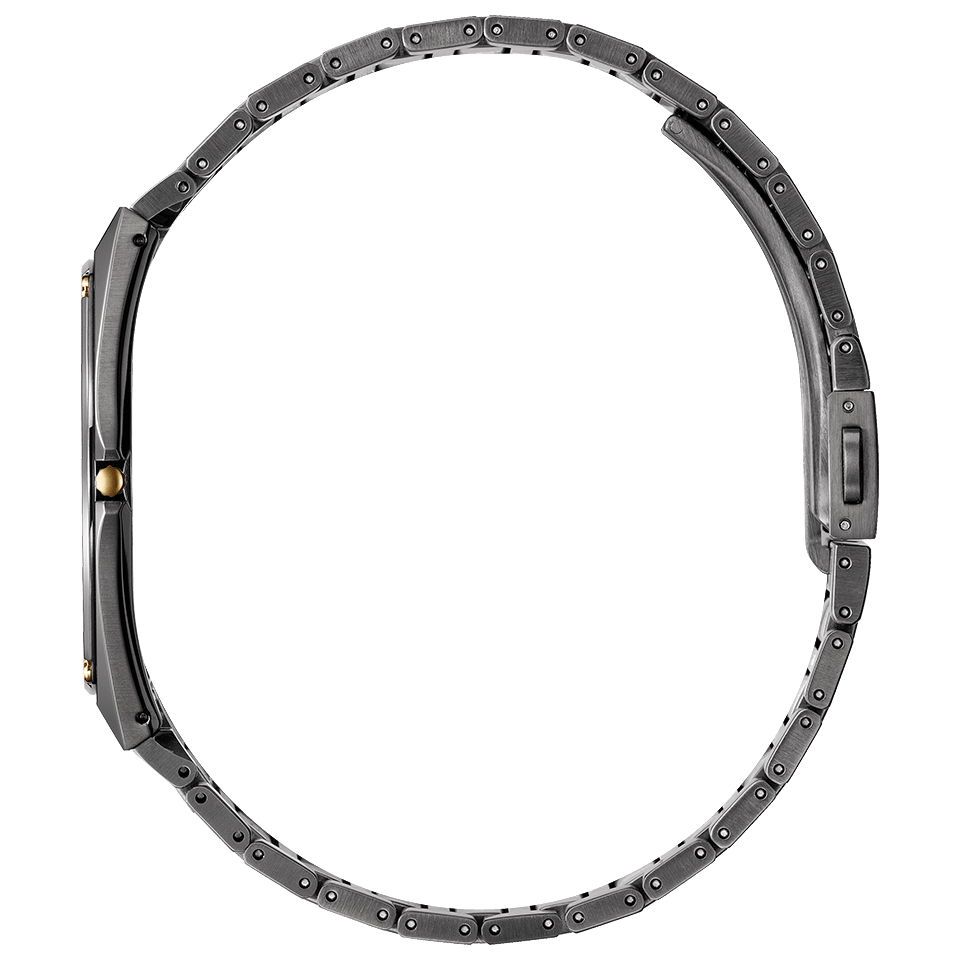 Side view of the Citizen Eco-Drive One AR5065-54W showing its ultra-thin case and stainless steel bracelet.