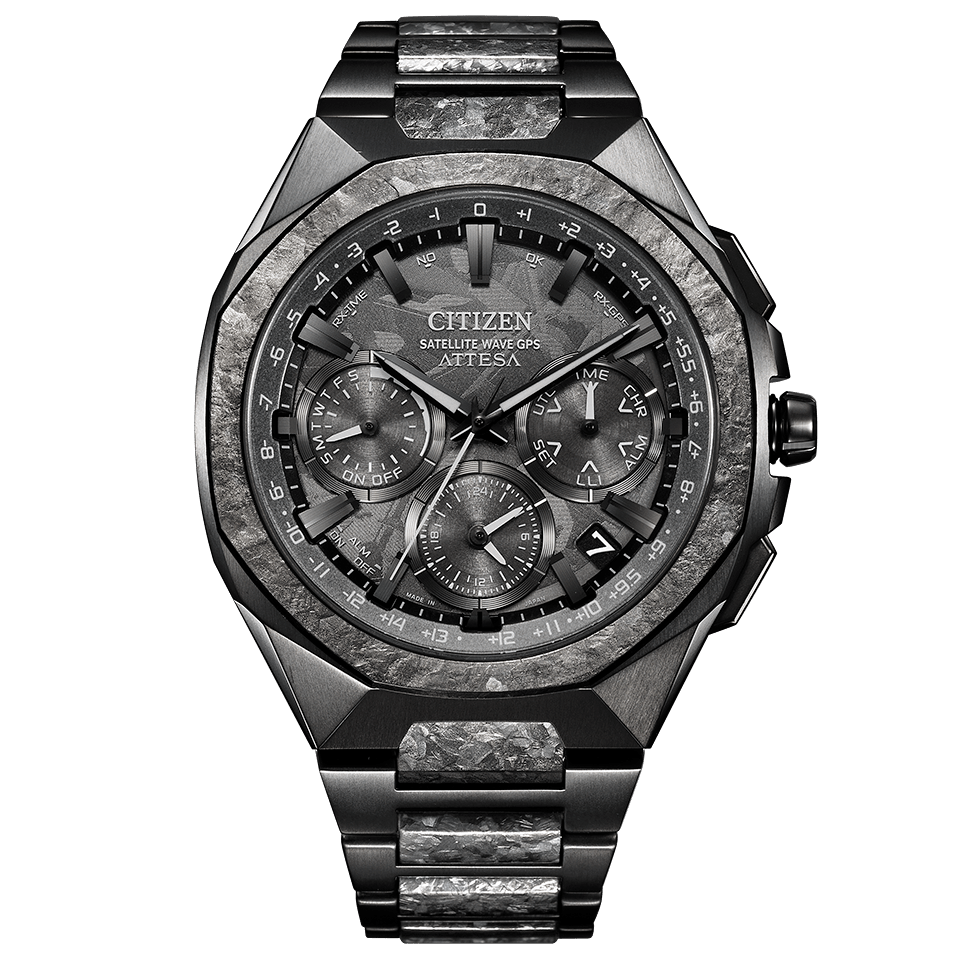 Front view of the Citizen Attesa CC4107-80H showing textured finishing, subdials, applied markers, and date window.