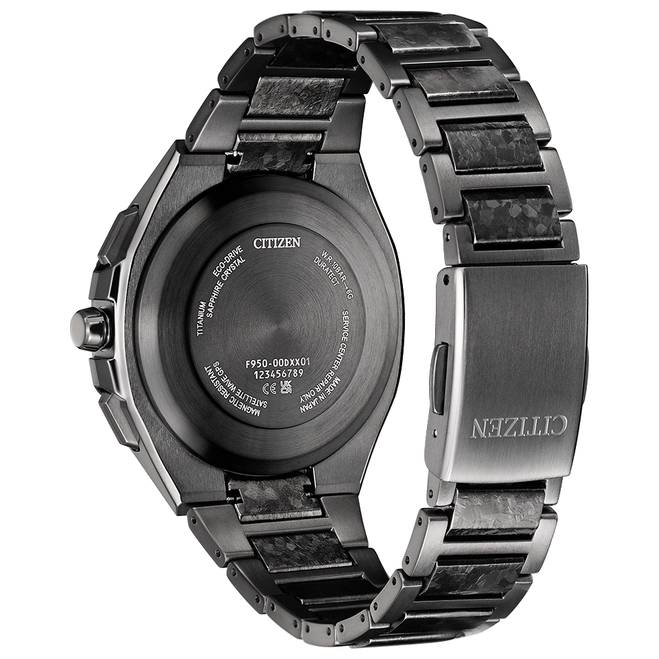 Rear view of the Citizen Attesa CC4107-80H showing the caseback and bracelet with recrystallized titanium center links.