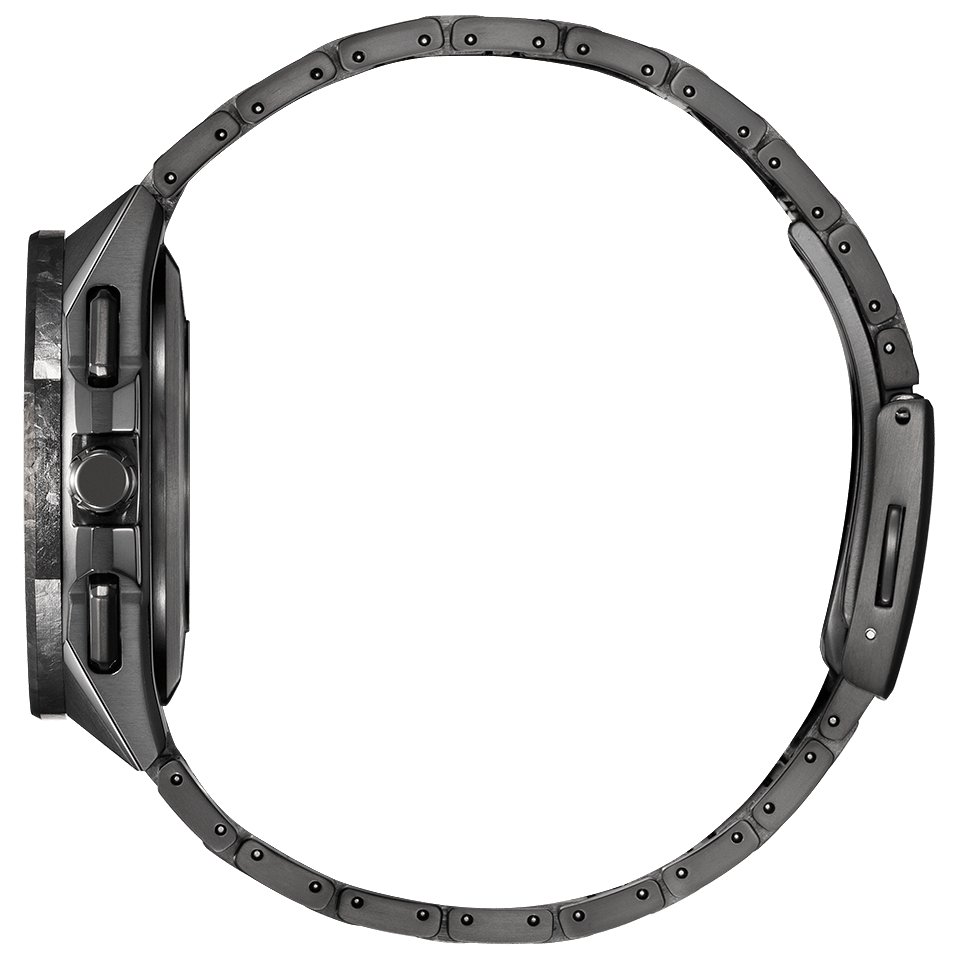 Side profile of the Citizen Attesa CC4107-80H showing its dark gray titanium case, crown, pushers, and integrated bracelet.