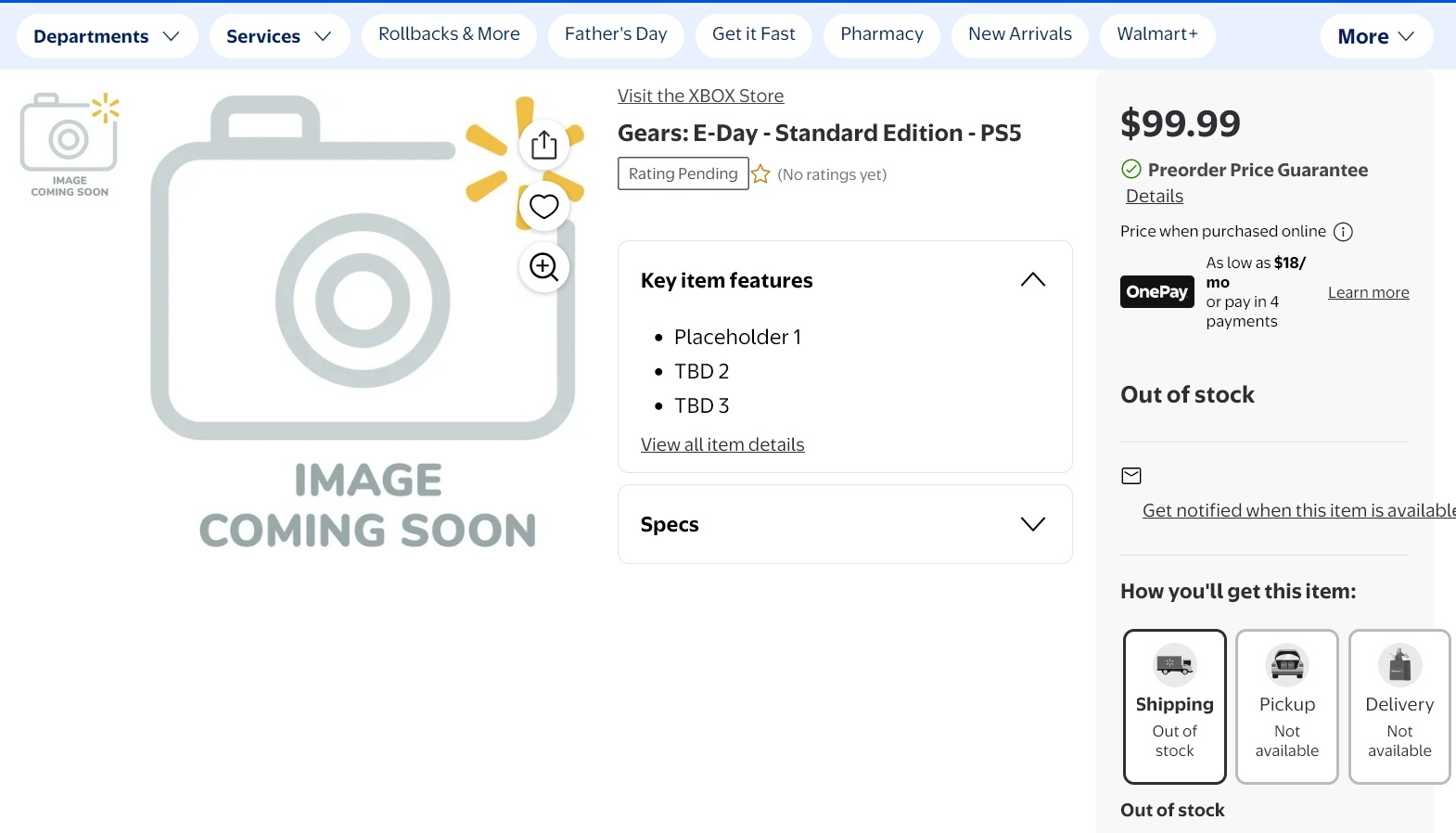 Walmart listing for Gears of War: E-Day PS5 pre-order shown