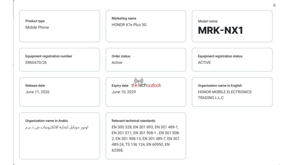 Honor X7e Plus 5G TDRA certification document