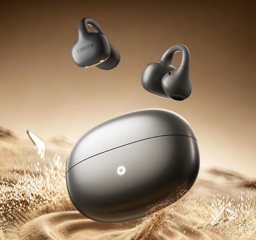 Close-up of Edifier LolliClip SE earbuds highlighting 12mm drivers