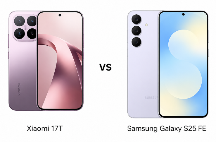 Xiaomi 17T and Samsung Galaxy S25 FE side by side showing design and display